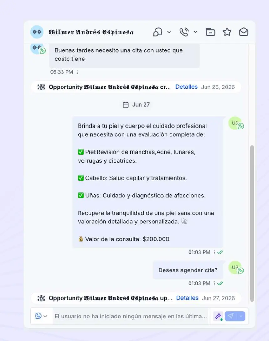 Conversación de una clínica gestionando una solicitud de cita