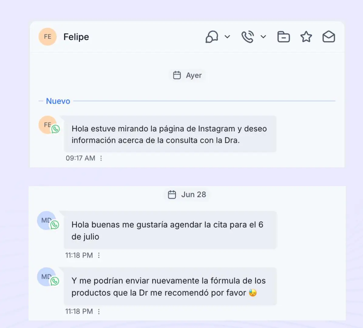 Conversaciones de pacientes solicitando información y agendamiento